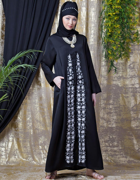 Dubai Front Embroidered Zip At Neck Nida Abaya White